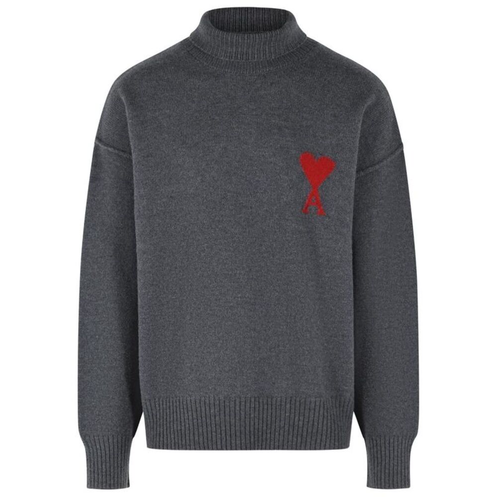 Ami Paris Grey Virgin Wool Turtleneck Sweater Men